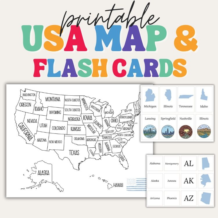 USA Map with Flashcards | Printable | Instant Download | PDF