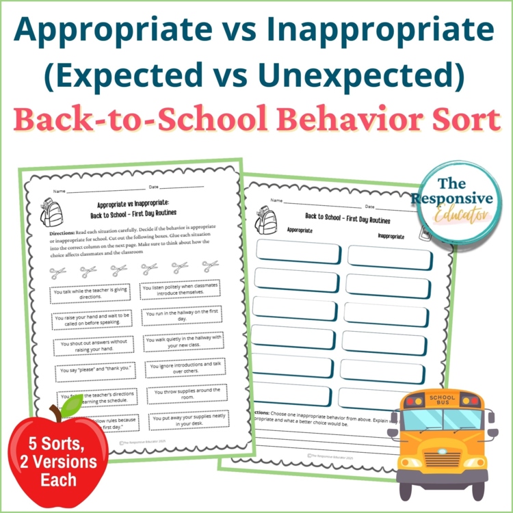 Back to School Expected vs Unexpected Behaviors Choices Sort Activity SEL