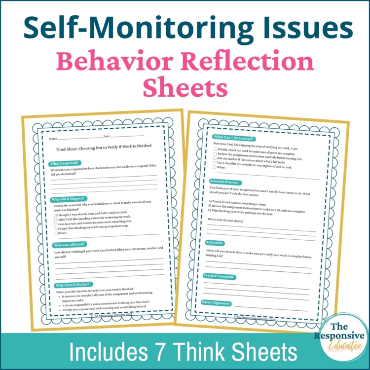 Student Self Monitoring Behavior Reflection Think Sheets Elementary & MIddle