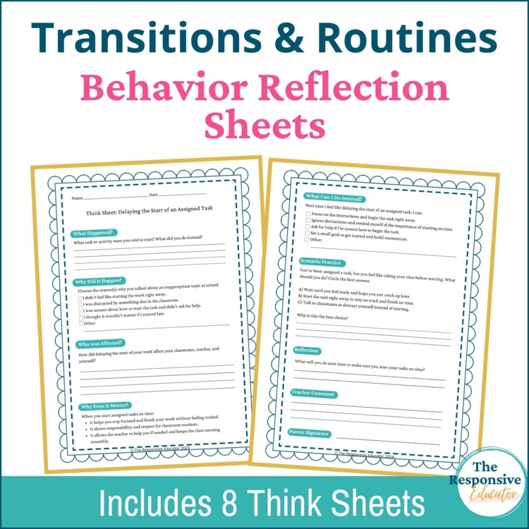 Transitions and Routines Student Behavior Reflection Think Sheets Elementary