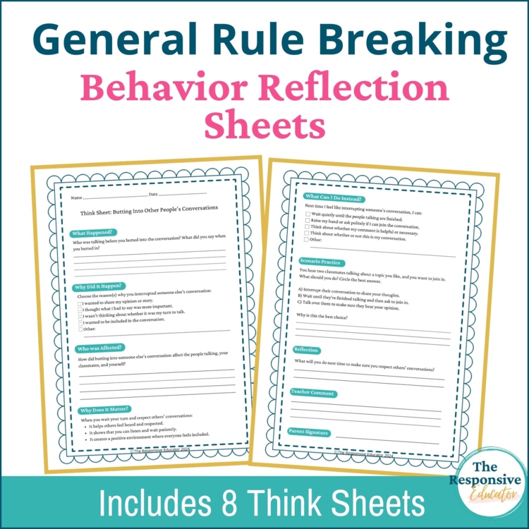 Follow School Rules Student Behavior Reflection Think Sheets Elementary