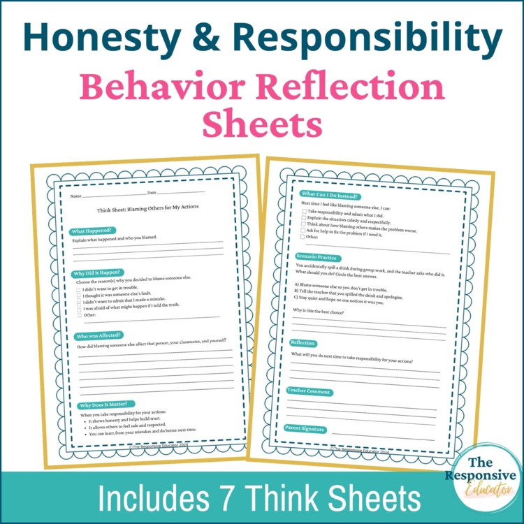 Responsibility Being Honest Student Behavior Reflection Think Sheets Elementary