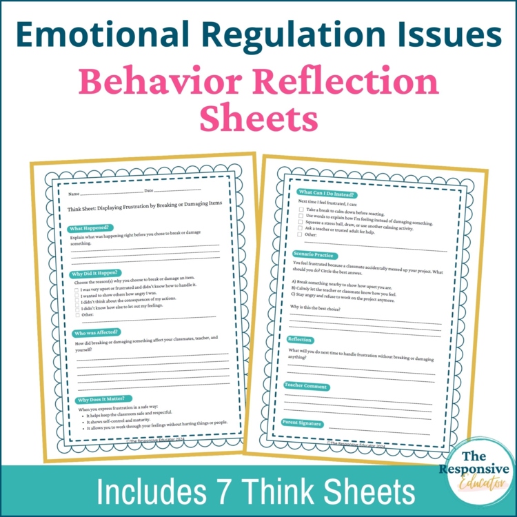 Student Emotional Regulation Behavior Reflection Elementary & Middle School