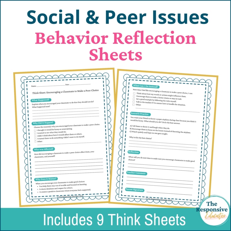 Peer Conflict Resolution Reflection Student Behavior Think Sheets Elementary