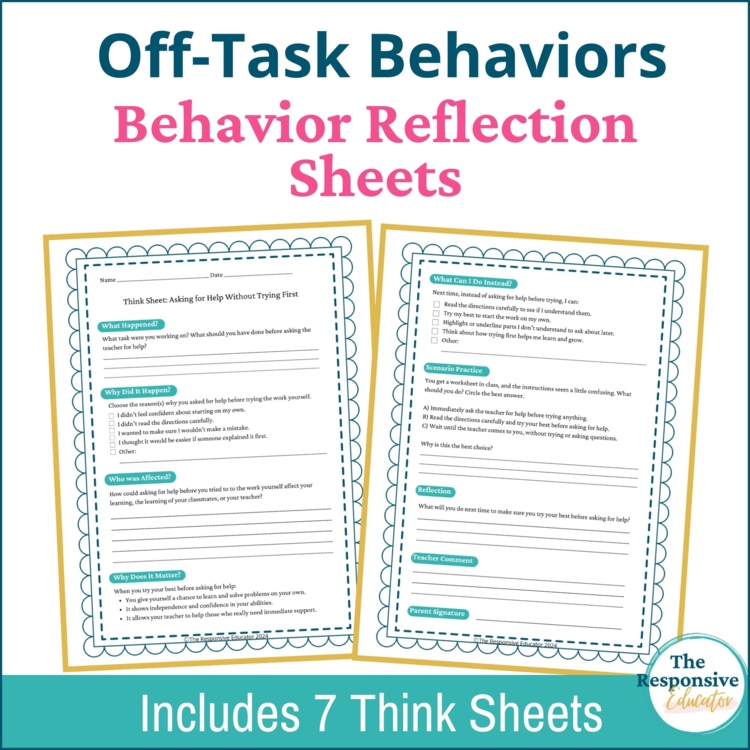 Off Task Student Behavior Reflection Think Sheets Elementary & Middle School