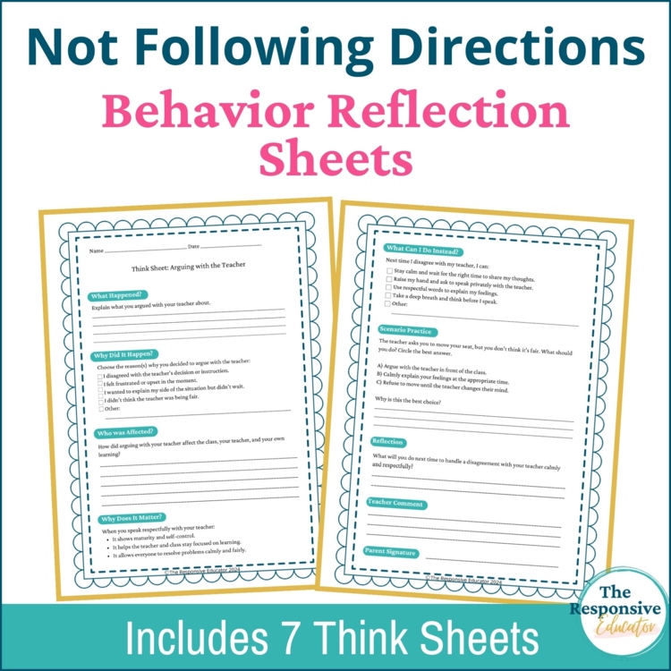 Not Following Directions Student Behavior Reflection Think Sheets Elementary