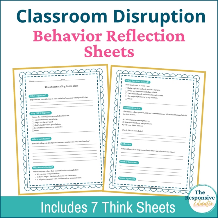 Class Disruption Student Behavior Reflection Think Sheets Elementary & Middle