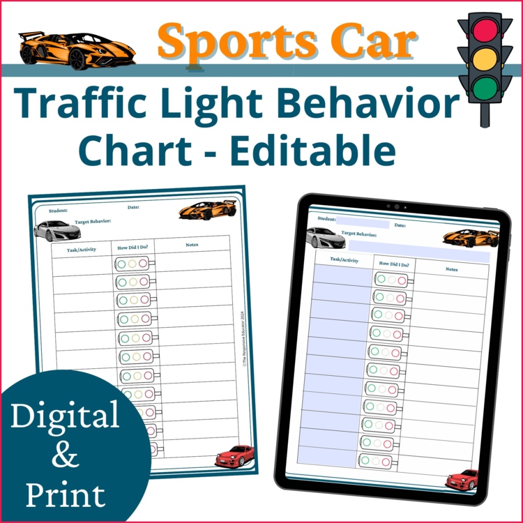 Sports Car Red Yellow Green Behavior Charts | Behavior Traffic Lights Editable