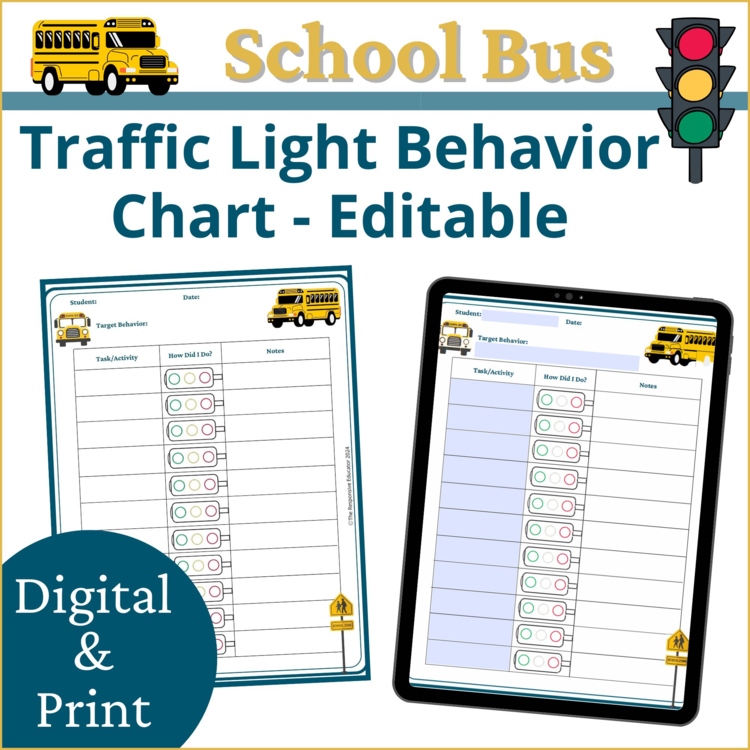 School Bus Red Yellow Green Behavior Charts | Behavior Traffic Lights Editable