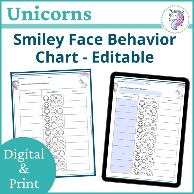 Unicorn Smiley Face Preschool Editable Behavior Chart Kindergarten Point Sheet