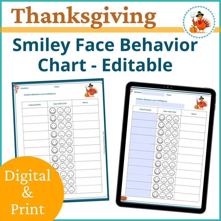 Thanksgiving Smiley Face Preschool Editable Behavior Chart Point Sheet