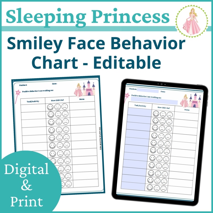 Sleeping Princess Smiley Face Preschool Editable Behavior Chart Point Sheet