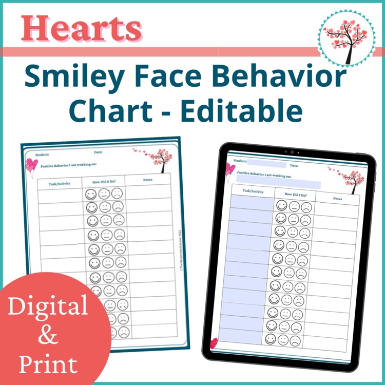Valentine's Day Smiley Face Preschool Editable Behavior Chart Kinder Point Sheet