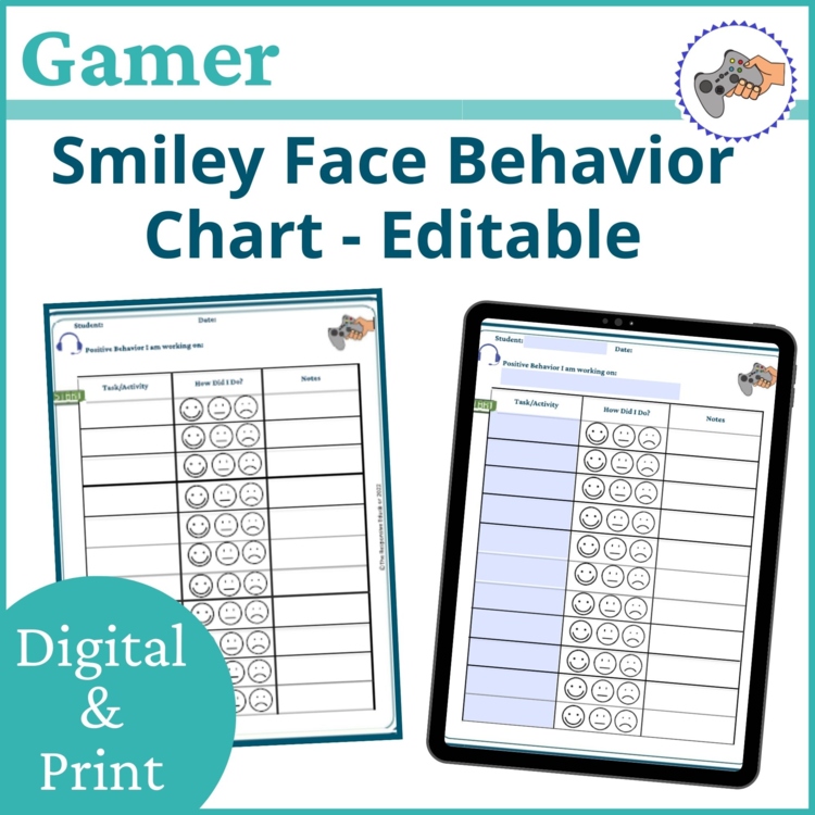 Gamer Smiley Face Preschool Editable Behavior Chart Kindergarten Point Sheet