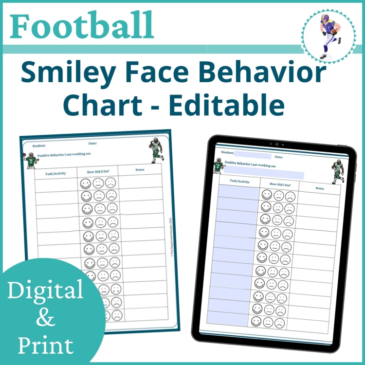 Football Smiley Face Preschool Editable Behavior Chart Kindergarten Point Sheet