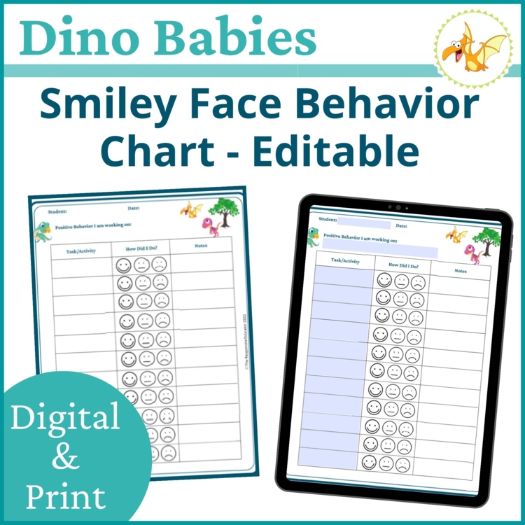 Dino Babies Smiley Face Preschool Editable Behavior Chart Kinder Point Sheet