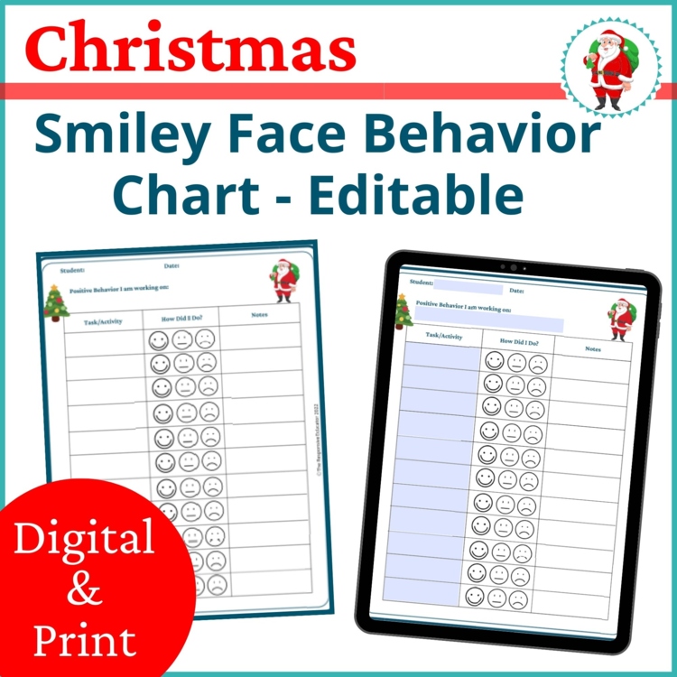 Christmas Smiley Face Preschool Editable Behavior Chart Kindergarten Point Sheet