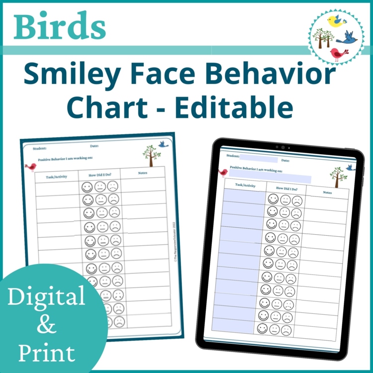 Birds Smiley Face Preschool Editable Behavior Chart Kindergarten Point Sheet