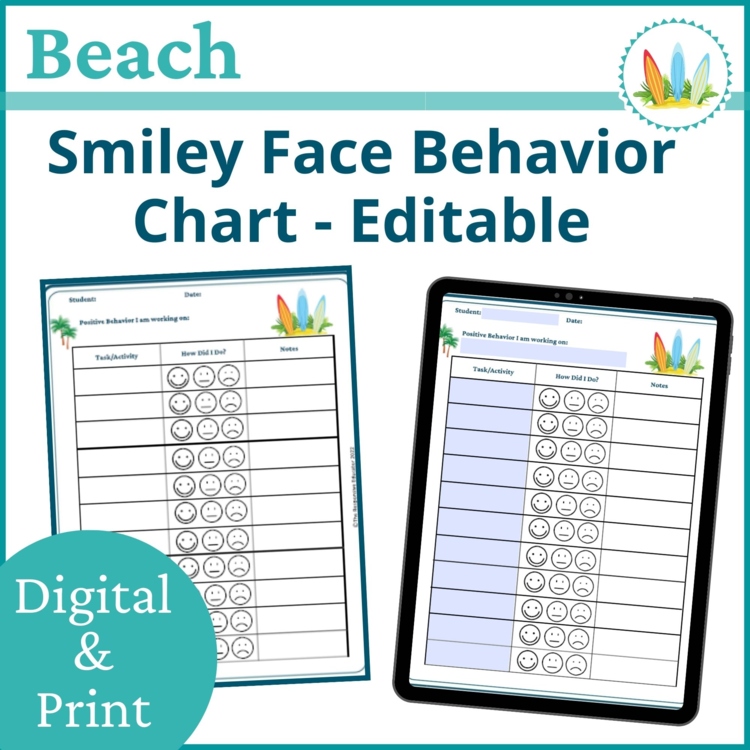 Beach Smiley Face Preschool Editable Behavior Chart Kindergarten Point Sheet