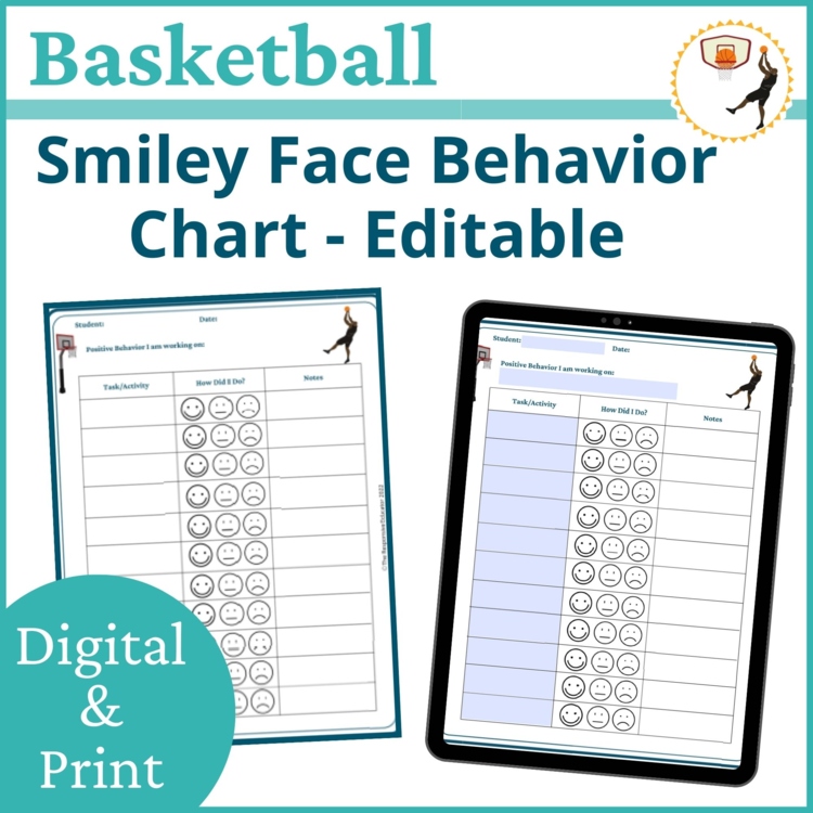 Basketball Smiley Face Preschool Editable Behavior Chart Kinder Point Sheet