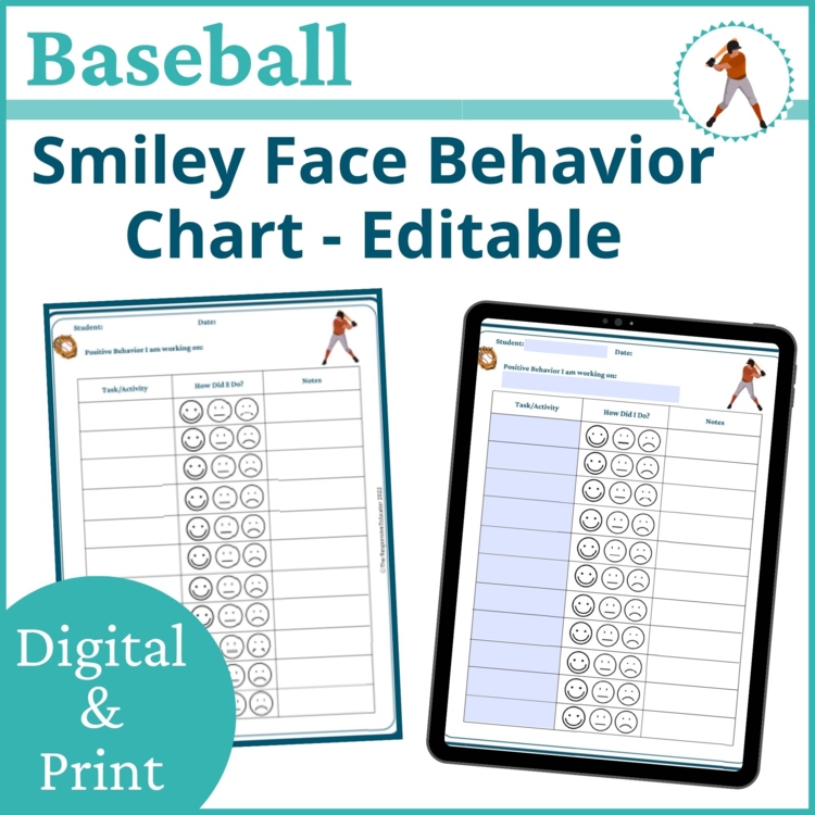 Baseball Smiley Face Preschool Editable Behavior Chart Kindergarten Point Sheet