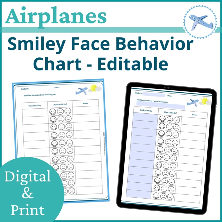 Airplane Smiley Face Preschool Editable Behavior Chart Kindergarten Point Sheet