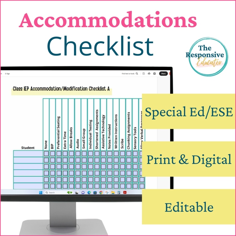 Teachers Accommodation Checklist for Students IEP Tracking Form Cheat Sheets