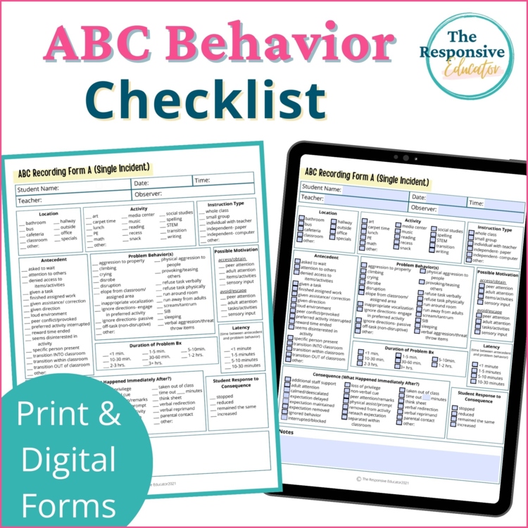 ABC Data Sheet ABC Behavior Checklist Student Behavior Documentation Form