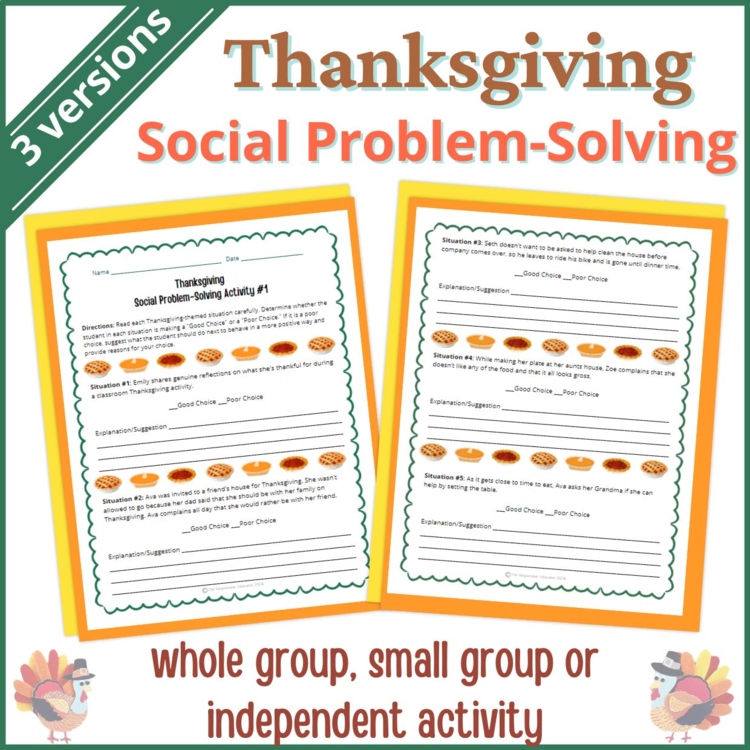 Thanksgiving Social Behavior Worksheets Problem Solving Scenarios SEL Activity