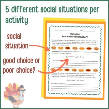Thanksgiving Social Behavior Worksheets Problem Solving Scenarios SEL Activity, image 3