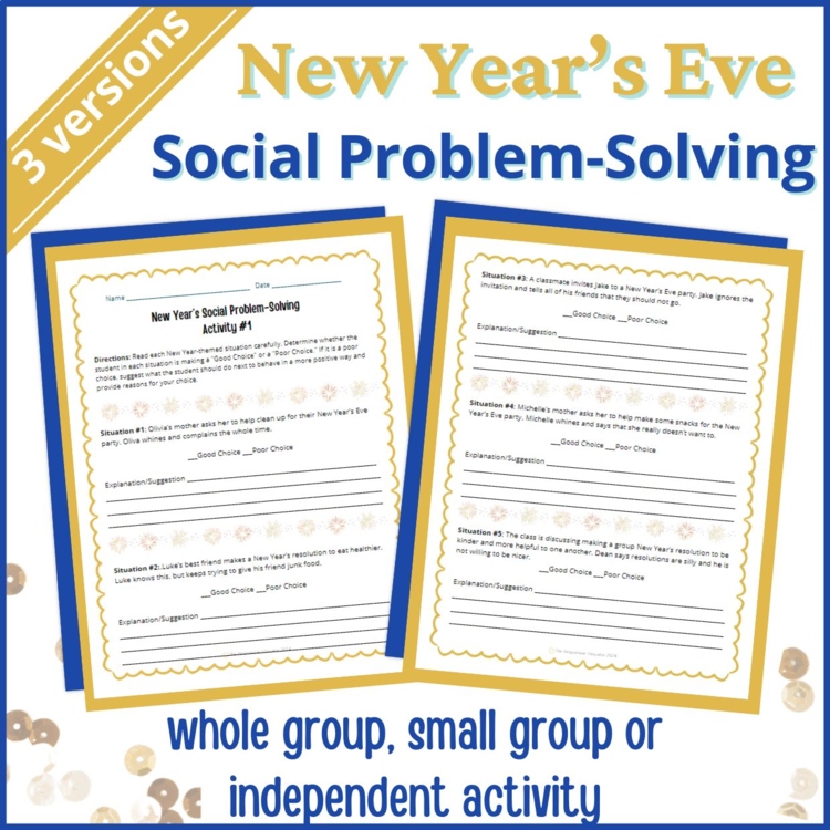 New Year's Social Behavior Worksheets Problem Solving Scenarios SEL Activity