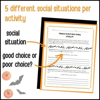 Halloween Social Behavior Worksheets Problem Solving Scenarios SEL Activity, image 3