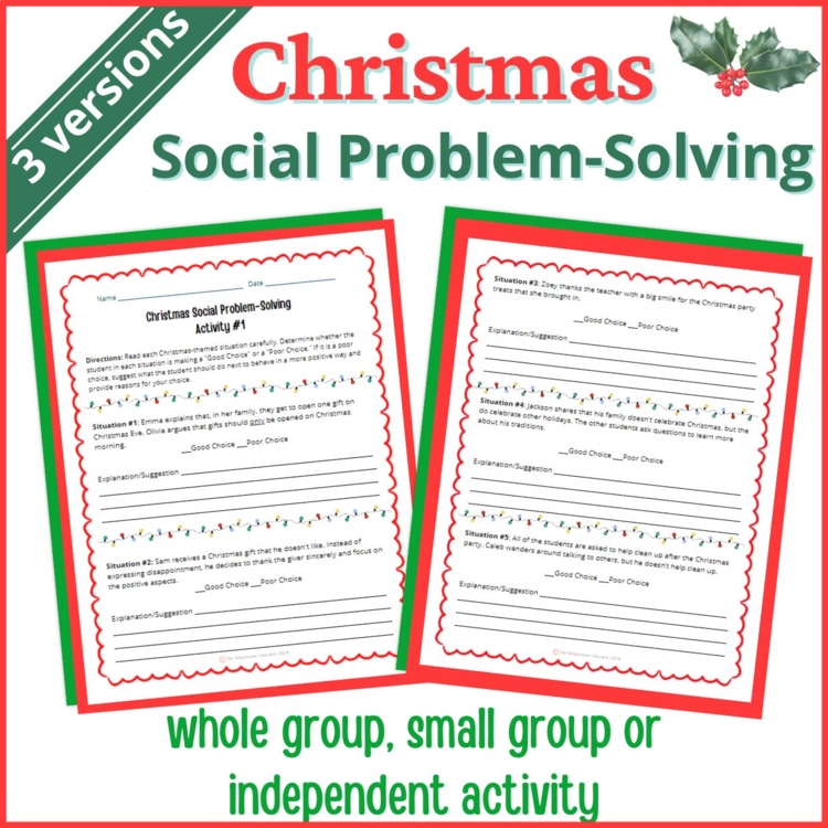 Christmas Social Behavior Worksheets Problem Solving Scenarios SEL Activity