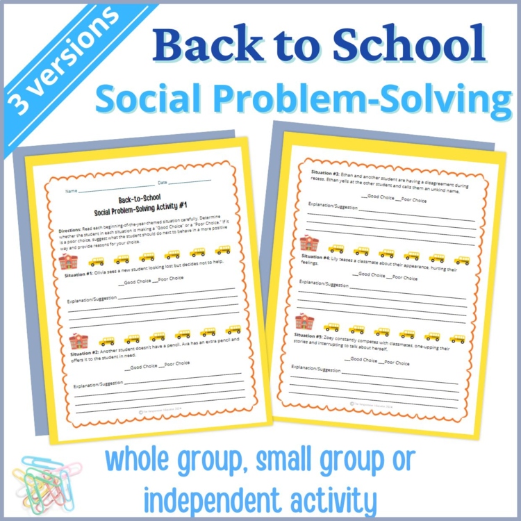 Back to School Social Behavior Worksheets Problem Solving Scenarios SEL Activity