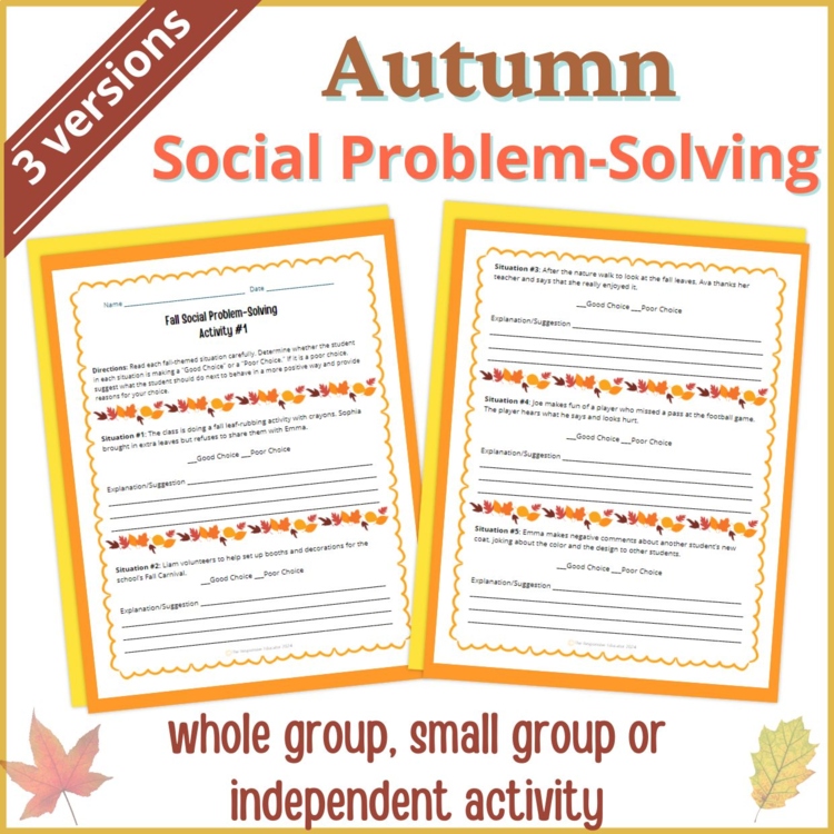 Fall Autumn Social Behavior Worksheets Problem Solving Scenarios SEL Activity