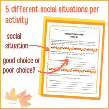 Fall Autumn Social Behavior Worksheets Problem Solving Scenarios SEL Activity, image 3