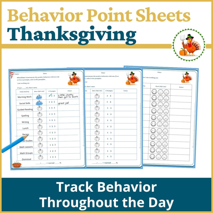 Thanksgiving Student Behavior Point Sheet Daily Behavior Goal Data Editable