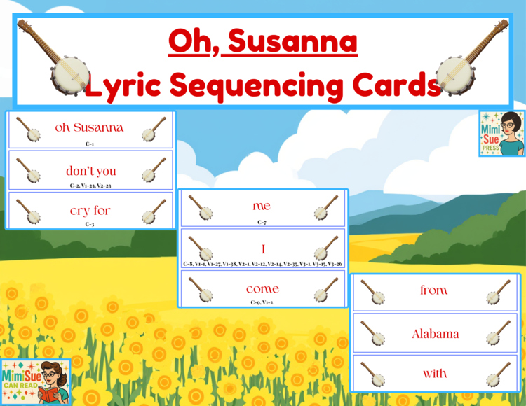 Lyric Sequencing Game Cards-Oh Susanna (Hands-On Literacy & Music) Grades 1-6