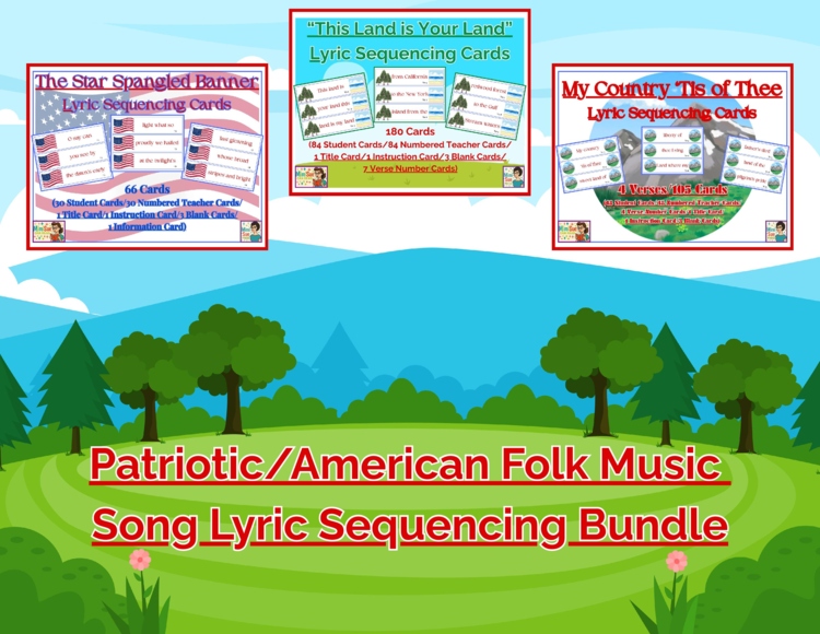 Patriotic/American Folk Music Song Lyric BUNDLE Sequencing Card Game Elementary