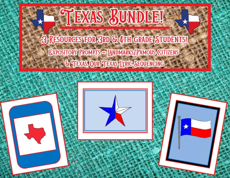Texas 3rd/4th Grades Bundle Expository Prompts/Texas, Our Texas Lyric Sequencing