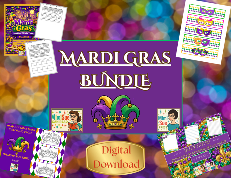 Giant Mardi Gras Bundle! Mask Coloring Pages/Bookmarks/Word Games/Stationery