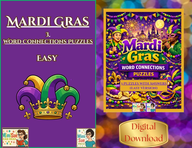 3 Mardi Gras Word Connections Puzzles Easy Level/ Classic Mardi Gras Themes