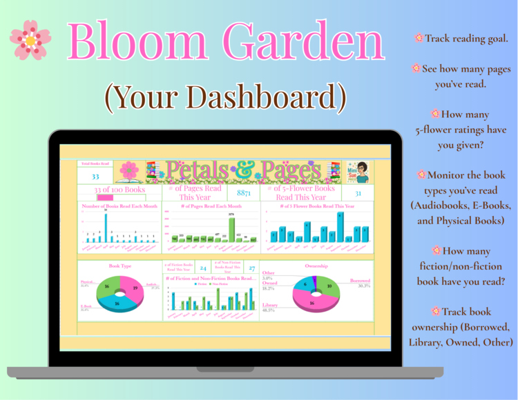 12-Month Digital Book Tracker "Petals & Pages" (Google Sheets) (BOHO Floral)