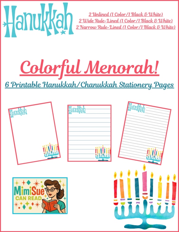 Colorful Menorah! 6-Page Printable Hanukkah/Chanukkah Stationery Pages