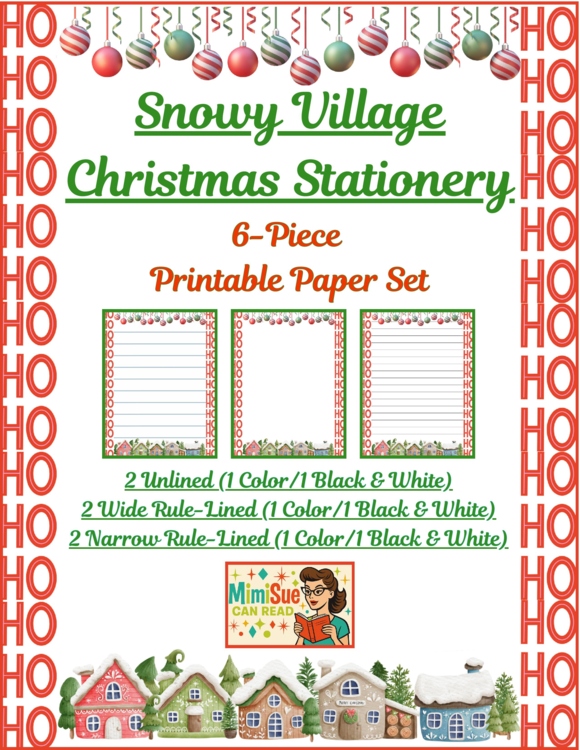 Snowy Village Christmas Stationery Pages 6 Printable Writing Papers (Color/B&W)