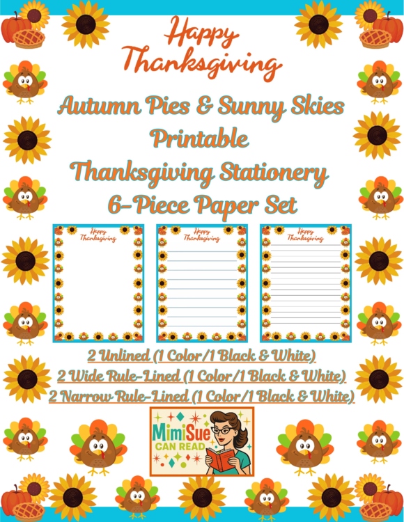 Autumn Pies & Sunny Skies! Stationery Pages 6 Writing Papers (Color/B&W)