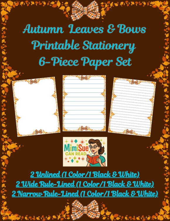 Autumn Leaves & Bows! Stationery Pages 6 Printable Writing Papers (Color/B&W)