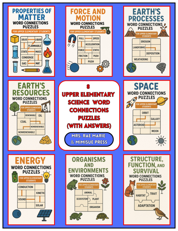 8 Science Word Connections Puzzle Sets Bundle (Upper Elementary) (24 Puzzles!)