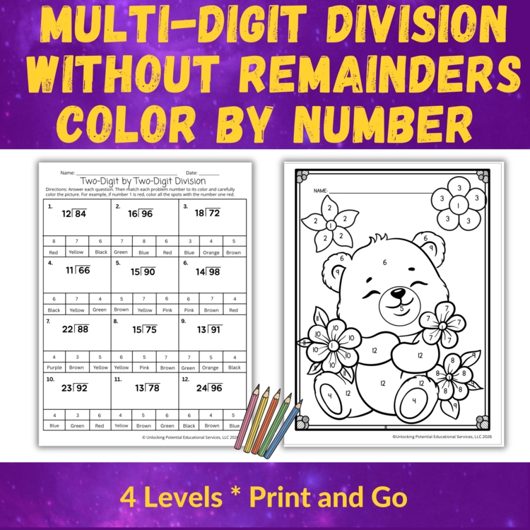 Long Division without Remainders Color by Number | 4th- 5th Grade