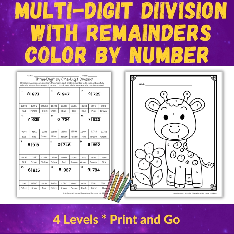 Long Division with Remainders Color by Number | 4th- 5th Grade Math Activities